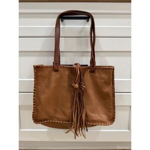 Carla Manicini Whipstitch Genuine Leather Shoulder Tote Bag Tan Tassel Boho